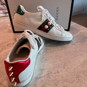 Gucci - Leather "Ace" Studded White Tennis Shoes - Women Size 8